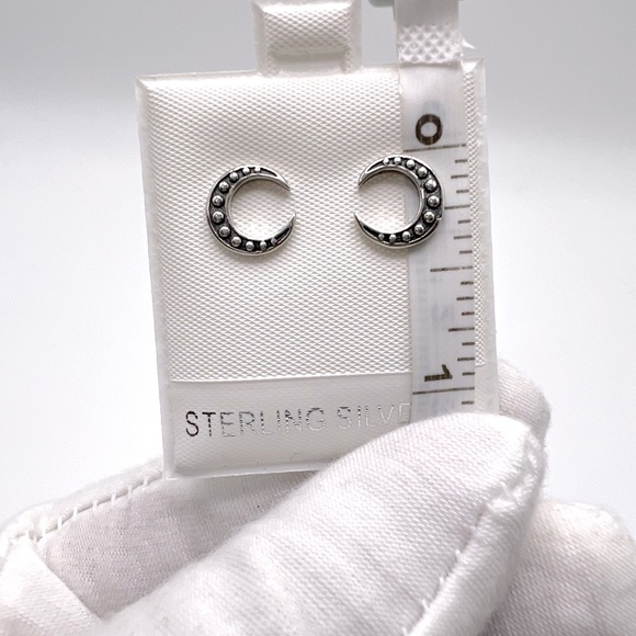 .925 Sterling Silver Crescent Moon Stud Earrings - Picture 8 of 12